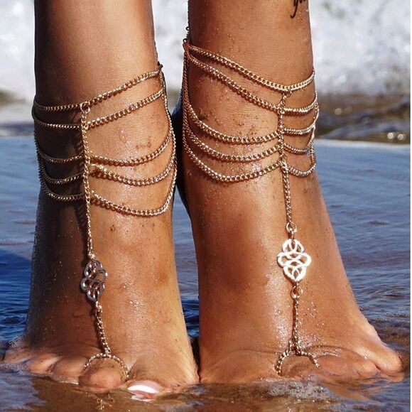 Yellow Gold Celtic Knot Multilayered Adjustable Anklet Foot Chains - Set of 2 - Picture 1 of 6